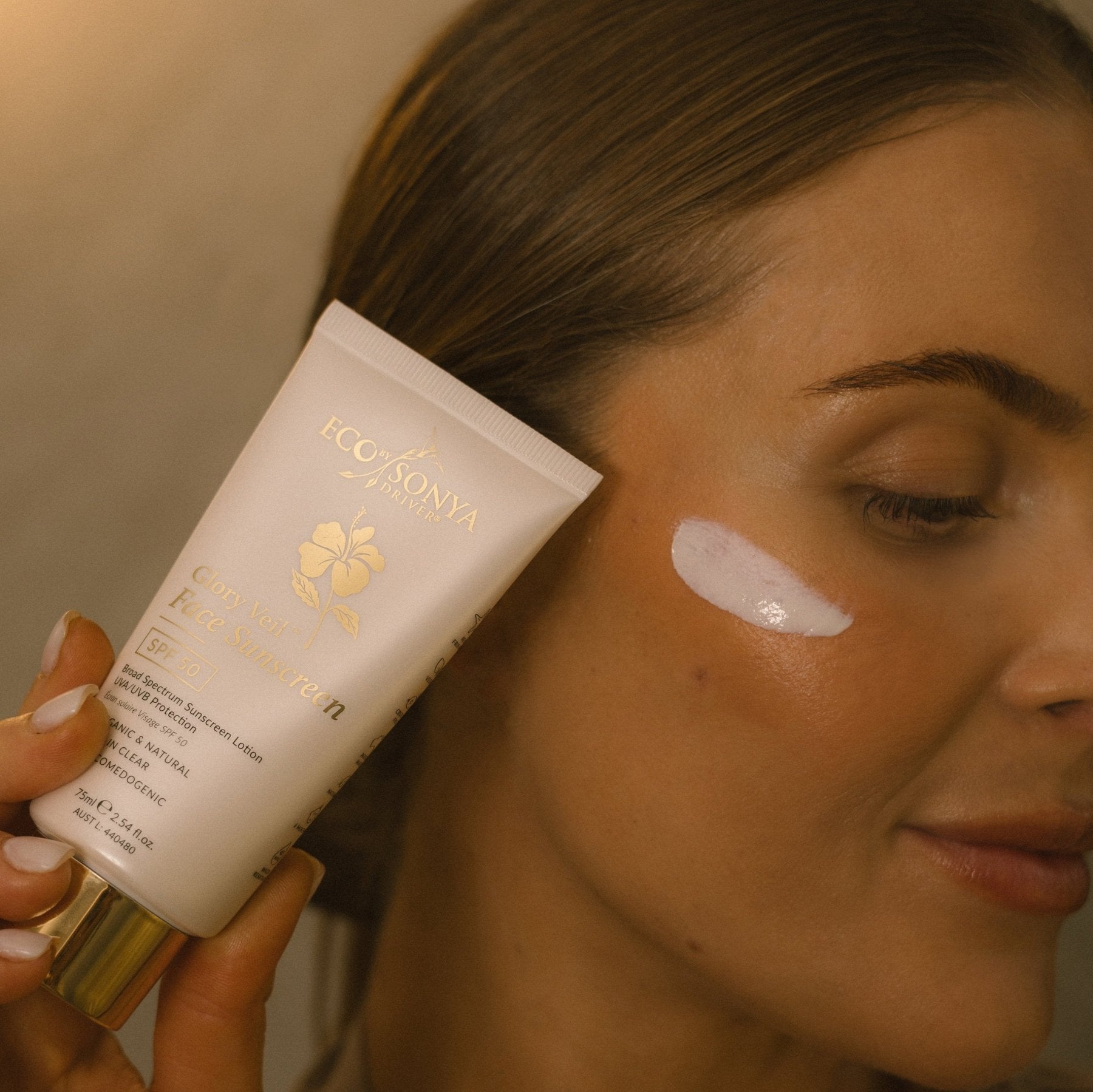 Eco by Sonya Glory Veil Face Sunscreen SPF 50 natural sunscreen smear on face portrait